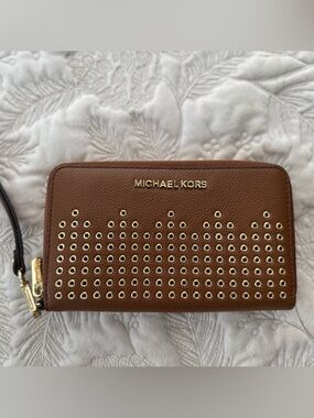 Michael Kors Brown Pebbled Leather Zip Wallet with Gold Eyelet Detail